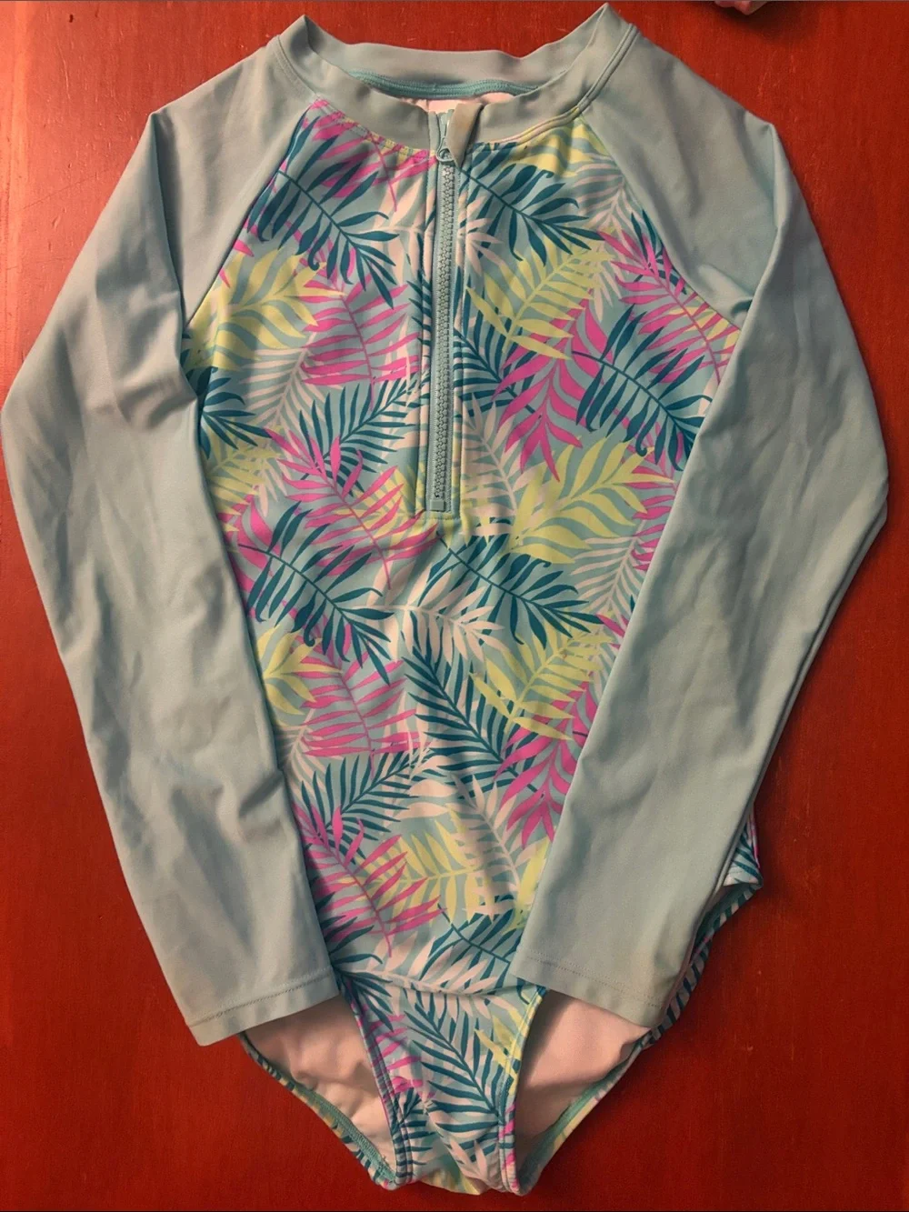 Cat and Jack Size L Girls' Long Sleeve Swimsuit - Aqua Leaf Print